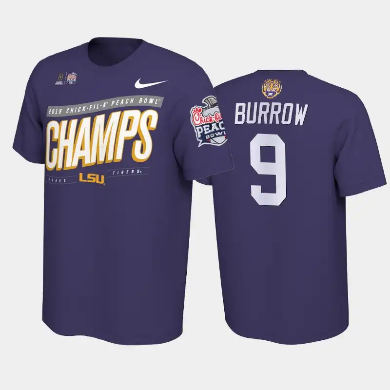 Men's LSU Tigers Joe Burrow #9 Playoff 2019 Purple Peach Bowl Champions NCAA Football T-Shirt